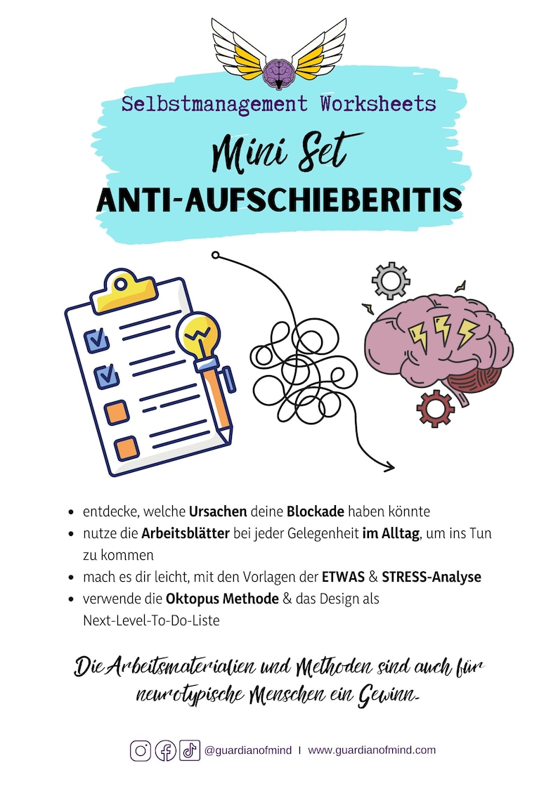 May include: A blue and white illustration of a brain with a tangled line leading to a checklist with a lightbulb and pencil. The text "Mini Set ANTI-AUFSCHIEBERITIS" is at the top of the image. The text "Die Arbeitsmaterialien und Methoden sind auch f&uuml;r neurotypische Menschen ein Gewinn." is at the bottom of the image.