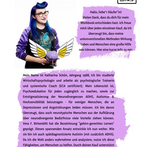 May include: A woman with blue hair and glasses is holding a brain model. The text on the image reads "Gehirn-gerechte Methoden, die du so noch nie gesehen hast!" and "Hallo, lieber K&auml;ufer*in! Vielen Dank, dass du dich f&uuml;r mein Workbook entschieden hast. Ich freue mich &uuml;ber jeden einzelnen Kauf, da ich &uuml;berzeugt bin, dass meine unkonventionellen Methoden Wirkung haben und Menschen eine gro&szlig;e Hilfe sein k&ouml;nnen. Hier eine kurze Info zu mir: Mein Name ist Katharina Sch&ouml;n, Jahrgang 1988, ich bin studierte Wirtschaftspsychologin und arbeite als psychologische Trainerin und systemische Coach (ECA zertifiziert). Mein Lebensziel ist, Psychoedukation f&uuml;r jeden zug&auml;nglich zu machen, sowie zur Entstigmatisierung der Neurodivergenzen ADHS, Autismus & Hochsensibilit&auml;t beizutragen - f&uuml;r weniger Menschen, die an Depressionen und Angstst&ouml;rungen leiden m&uuml;ssen. Ich bin davon &uuml;berzeugt, dass auch neurotypische Menschen aus der Aufkl&auml;rung &uuml;ber neurodivergente Bed&uuml;rfnisse viele Vorteile ziehen k&ouml;nnen. Vera F. Birkenbihl hat die Bezeichnung "gehirn-gerechtes Lernen" gepr&auml;gt. Diesen spannenden Ansatz entwickle ich nun weiter. Wie sie bin ich auch sp&auml;tdiagnostizierte Autistin (mit zus&auml;tzlich ADHS). Da ich die Welt anders wahrnehme und analysiere, nutze ich diese F&auml;higkeiten, um Menschen zu helfen. Durch deinen Kauf unterst&uuml;tzt du meine Vision & Mission! @guardianofmind | www.guardianofmind.com"