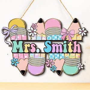 Personalized Teacher Classroom Door Sign, Custom Teacher Door Hanger, Teacher Name Welcome Sign, Wood Classroom Decor, Back To School Gift