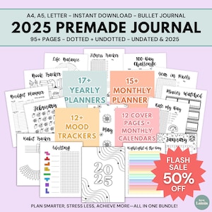 2025 Bullet Journal Bundle Printable Planner 2025 Premade Bullet Journal Pages Undated Journal Templates Habit Mood Trackers Dotted Undotted