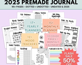 2025 Bullet Journal Bundle Printable Planner 2025 Premade Bullet Journal Pages Undated Journal Templates Habit Mood Trackers Dotted Undotted