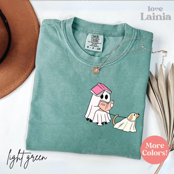 Ghost Walking Dog Shirt Halloween Reading Teacher Shirt Ghost Book Shirt Womens Ghost Dog Comfort Colors Shirt Dog Ghostshirts Reader Tee