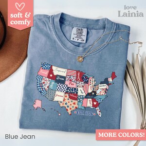 Chemise carte des États-Unis Comfort Colors©, t-shirt fleuri des États-Unis, chemise 4 juillet, t-shirt coquette 4 juillet, chemise patriotique pour femme, girly des États-Unis est 1