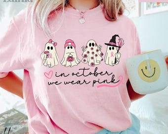 Halloween Breast Cancer Ghost Shirt Breast Cancer Gift for Cancer Patient Tee In October We Wear Pink Tshirt Pink Breast Cancer Ribbon Shirt