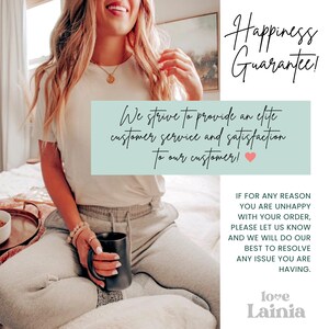 May include: A person wearing a white t-shirt and grey sweatpants holds a black mug. The image includes text that reads "Happiness Guarantee!" and "We strive to provide an elite customer service and satisfaction to our customer!"