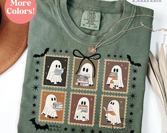 Comfort Colors® Halloween-skjorta för läsning av spöken, boklig Halloween-lärare, Halloween-bibliotekarie-spöke, höstens bokälskare-gåva