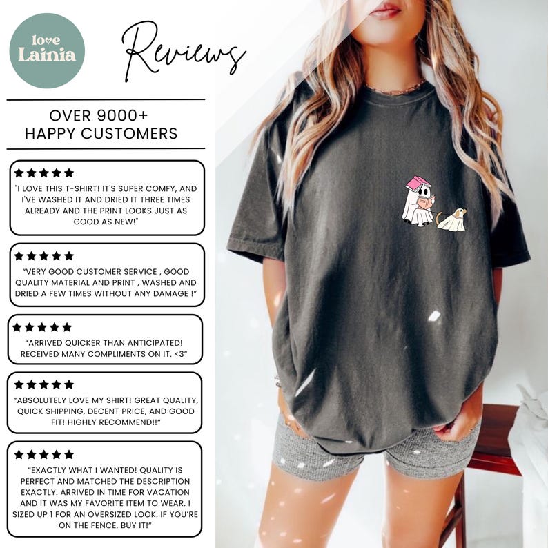 Op de afbeelding: Donkergrijs T-shirt met een cartoonafbeelding van een spook en een hond. Het shirt heeft de tekst "Reviews" en "Over 9000+ Happy Customers". De persoon draagt een grijze short.