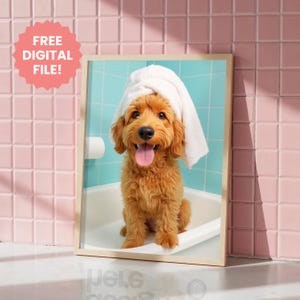 Funny Pet Portrait, Personalized Dog Bathroom Art From Pet Photo, Funny Dog Owner Gift, Dog in Bathtub Reading Newspaper on Toilet, Dog Art