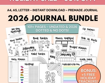 2026 Journal Bundle Printable Journal 2026 Premade Bullet Journal Pages Digital Journal Undated Bujo Templates Habit Mood Trackers Dotted