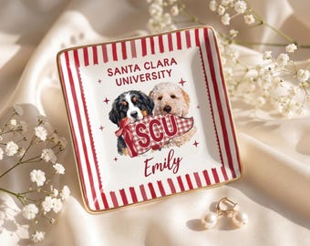 Custom Pet Portrait Ring Dish, Graduation Gift for Girls, University Pennant Flag Jewelry Dish, Personalized College Dorm Room Desk Decor