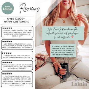May include: A promotional graphic featuring the text Reviews and Over 10,000+ Happy Customers above five star-rated testimonials. The right side displays a person wearing a white t-shirt and grey sweatpants, holding a black mug, with text overlays.