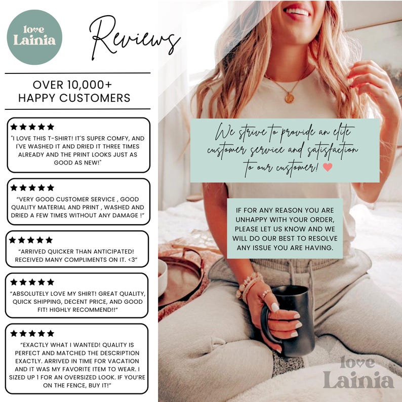 May include: A promotional graphic featuring the text Reviews and Over 10,000+ Happy Customers above five star-rated testimonials. The right side displays a person wearing a white t-shirt and grey sweatpants, holding a black mug, with text overlays.