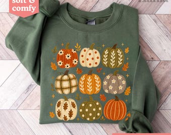 Pumpkin Patch Sweatshirt, Fall Patchwork Pumpkins Crewneck, Womens Thanksgiving Sweatshirt