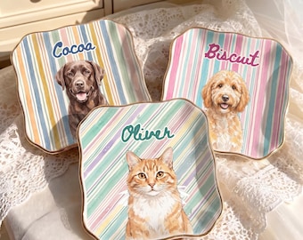 Custom Pet Portrait Ring Dish, Watercolor Dog Cat Name Jewelry Tray (Ceramic)