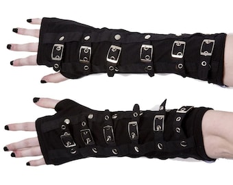 Black Gothic Steampunk Six Silver Buckle Alternative Armwarmers Emo Rock Punk Unisex Gloves