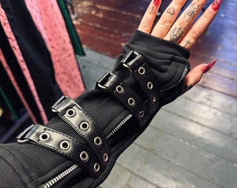 Black Gothic Steampunk Black Eyelet Buckle Alternative Armwarmers Emo Rock Mesh Punk Unisex Gloves