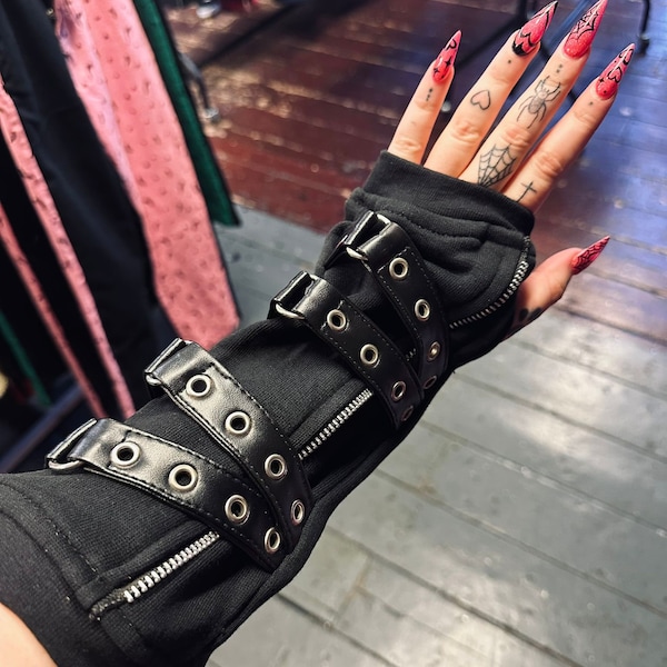 Black Gothic Steampunk Black Eyelet Buckle Alternative Armwarmers Emo Rock Mesh Punk Unisex Gloves