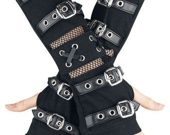 Negro Gótico Steampunk Negro Hebilla de encaje Calentadores alternativos Emo Rock Mesh Punk Guantes unisex