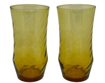 Vintage Libbey Amber Swirl Glasses, Set of 2 – 16oz Mid-Century Tumblers 3" x 6"