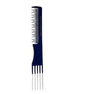 May include: A dark blue hair highlighting comb with a handle and metal prongs. The comb has fine teeth on one side and metal needles on the other. The text "ZEBRA HAIR X MICRO" is printed on the comb.