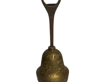 VTG 1990s Solid Brass Bell – Bottle Opener Handle, Engraved Leaf Pattern 7" Tall