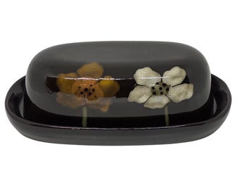 VTG Pfaltzgraff Taos Butter Dish Black Brown Floral Southwestern Glazed Stone