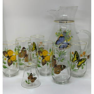VTG West Virginia Glass Co. MONARCH BUTTERFLY Pitcher 6 Drink Glasses Bell Mcm