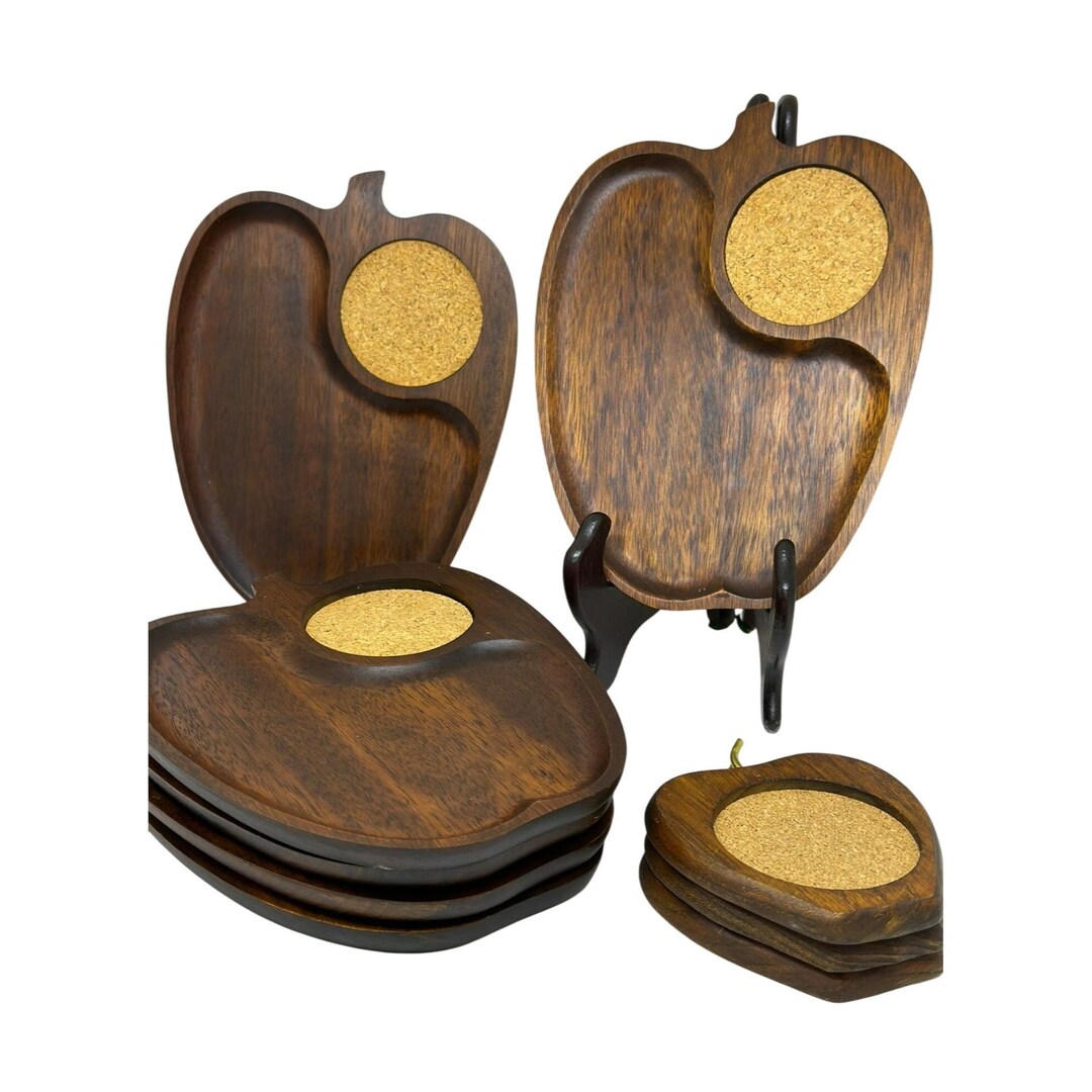 VTG 1960 Gail-craft Apple Wood Set-of-6 Serving Trays 3 Coasters Cork ...