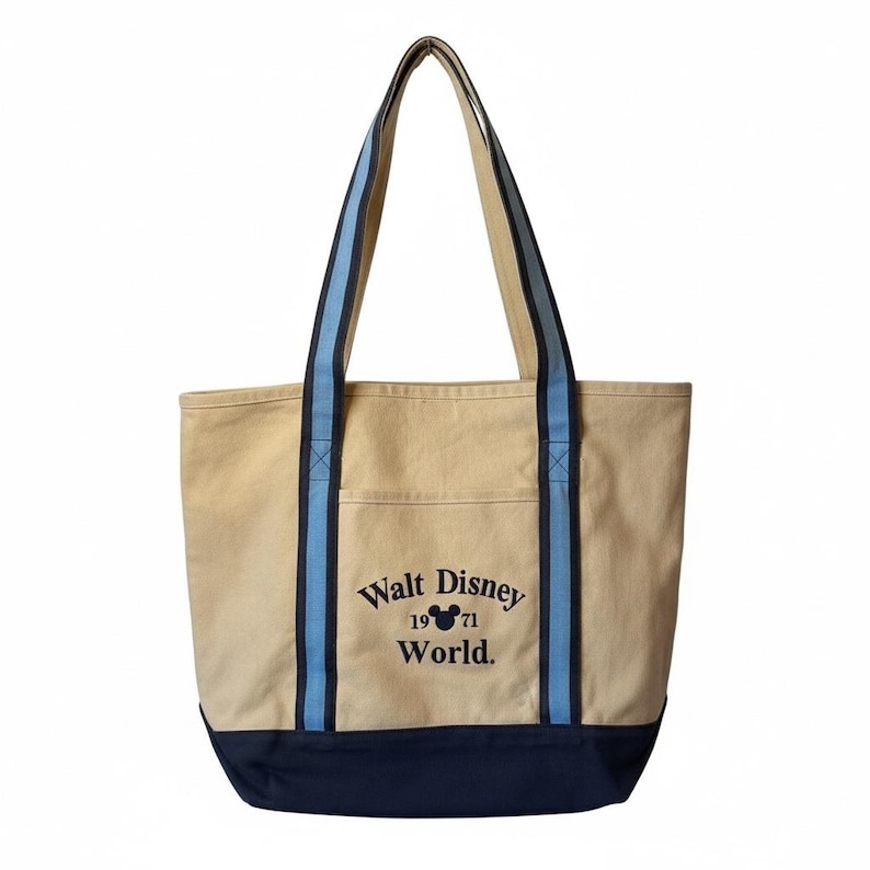 Bolso tote vintage de Disney World, lona color canela, 1971, Mickey Mouse, bolso de playa retro para viajes imagen 1