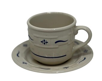 Longaberger Tea Cup Saucer Heritage Blue Woven Traditions Pottery Cream Ceramic