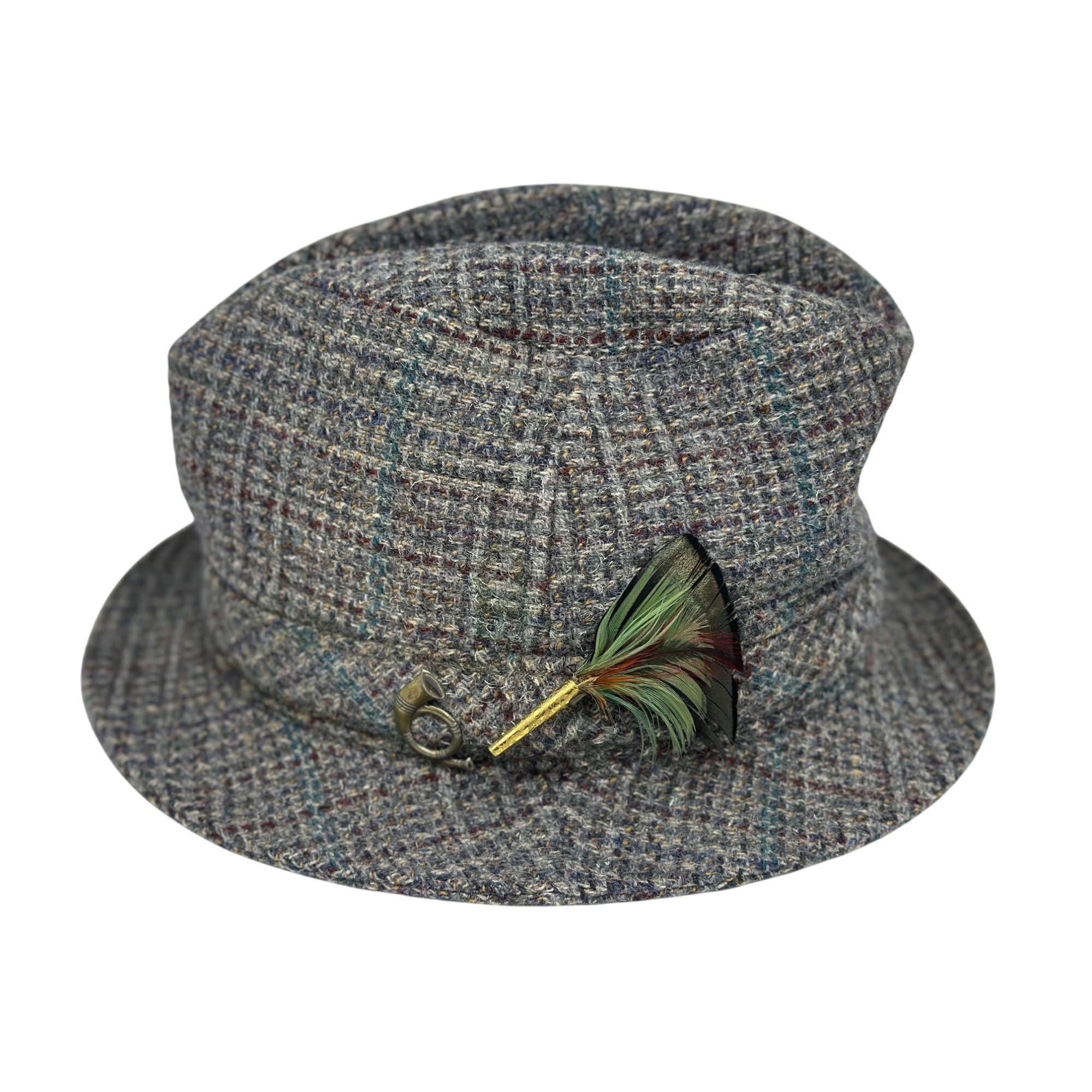 Vintage Pendleton Fedora Walking Hat 60s 100% Virgin Wool Tweed Feather 7 1/4 Pendleton 100% Virgin Wool Gray Tweed Men main image 3