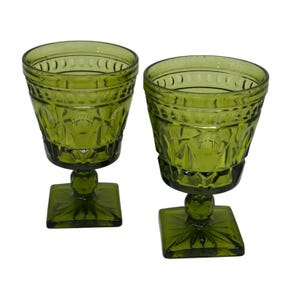 VTG 90s Indiana Glass Green Goblets Set of 2 Diamond Cut Square Base 3.5"x5.25"