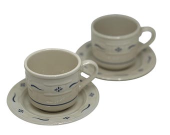 Longaberger Pottery Woven Traditions Tea Cup Saucer Heritage Blue Set of 2 VTG