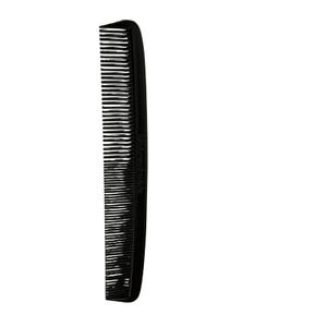 May include: A black comb with fine teeth, ideal for hair grooming. The comb has a curved top and a sleek, minimalist design. The brand name is printed vertically on the side of the comb.
