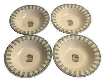 VTG Pfaltzgraff Naturewood Soup Cereal Bowl Set 4 Green Birdhouse Tan Stoneware