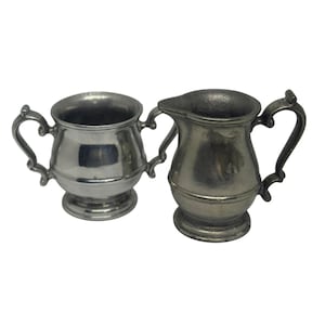 VTG Pewter Sugar Bowl & Creamer Set Silver-Tone Metal Tea Service Double Handle
