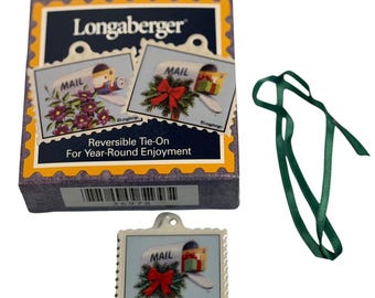 Longaberger Basket Tie-On Ceramic Reversible Mail Stamp Mailbox Charm Ribbon
