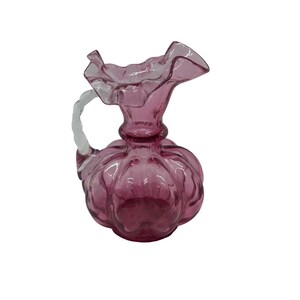 VTG Fenton Cranberry Glass Melon Pitcher – 5" Ruffled Edge Twisted Clear Handle