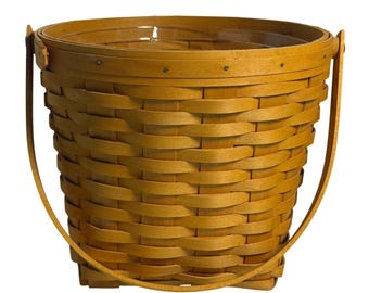 VTG Longaberger Basket Round Brown Woven Wood Plastic Liner 2002 Handwoven USA