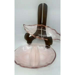 VTG Pink Depression Glass Divided Relish Dish & Leaf-Shaped Serving Tray Set