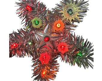 VTG Christmas Tree Topper Star Silver Tinsel Multi Color Lighted Holiday Decor