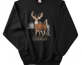 VTG Jerzees Sweatshirt Black Deer Nature Graphic Crewneck USA Made 2X Mens