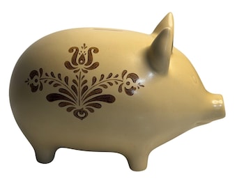 VTG Pfaltzgraff Piggy Bank Tan Village Pattern Ceramic Stoneware Folk Art Decor