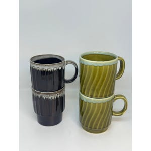 Set of 4 VTG Japanese Stoneware Mugs Olive Green Brown Drip Glaze 3.5" Textured