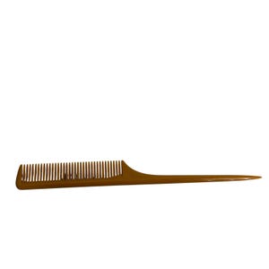May include: A brown, fine-toothed comb with a long, pointed handle. The comb's teeth are evenly spaced and extend from a curved base. The handle tapers to a sharp point. This styling tool is designed for hair care.