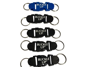 BUCKLE-UP Safety Keychain Set Lot of 5 Plastic Promotional Keyrings Blue & Black