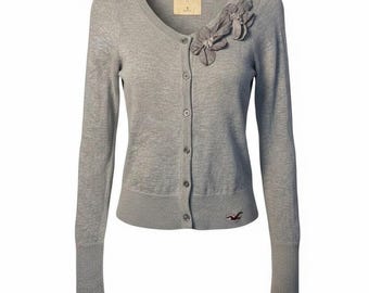 Cárdigan de punto gris pequeño Hollister para mujer, VTG Y2K, con cuello en V y apliques florales