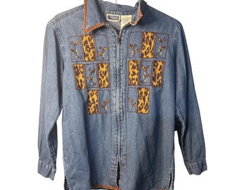 VTG Erika & Co Womens Medium Leopard Patchwork Denim Zip Shirt Contrast Stitch