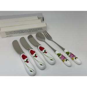 VTG Stainless Steel Porcelain Cheese Knife Spoon Set With Floral Ceramic Handles