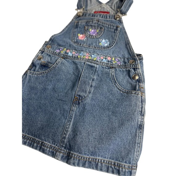 VTG Arizona Jean Co Denim Overall Dress Floral Embroidered Jumper BibPocket SZ 5